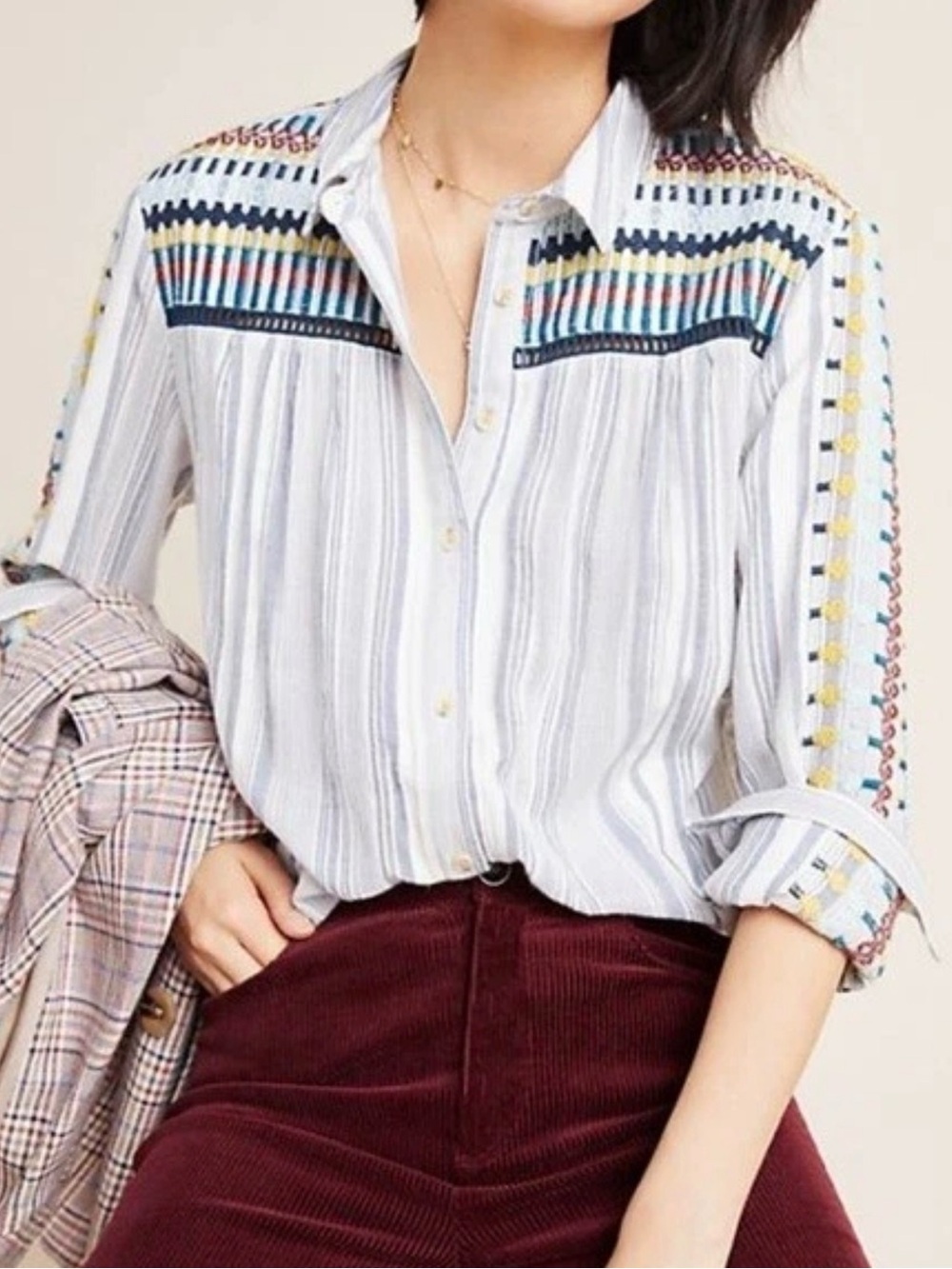 Pilcro Anthropologie White Striped Button-Down with Multicolor Embroidery Cotton